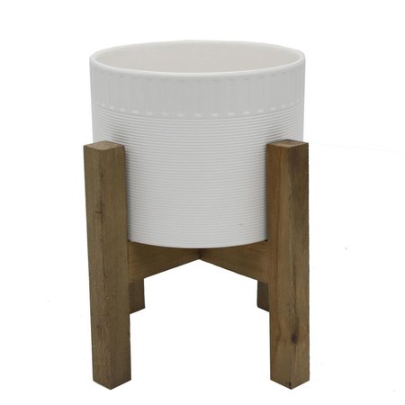 CONSERVATORIO 8 in Ceramic Dumpling Pot on Wood Stand Matte White CO1763616